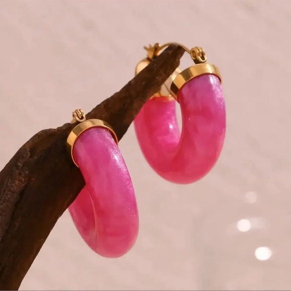 Anthropologie 18K Gold Stainless Steel Pink Hoop Earrings - Picture 4 of 9